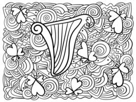 Meditative horizontal coloring page with harp clover shamrocks and ornate patterns for festive activity vector