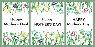 contento de la madre día, conjunto de fiesta tarjetas con garabatear flores y hojas vector