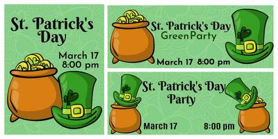 St. Patrick's Day Party Invitation Set, Luck Coin Pot and Green Leprechaun Hat vector