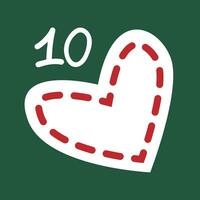 Christmas advent calendar in the style of minimalism, flat lay. Day 10 with a felt heart on green background vector