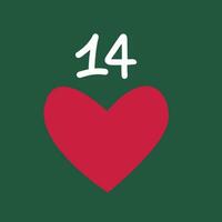 Christmas advent calendar in the style of minimalism, flat lay. Day 14 with pink heart on green background vector