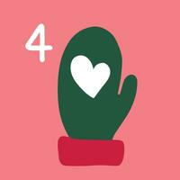 Christmas advent calendar in the style of minimalism, flat lay. Day 4 with green mitten and a heart vector