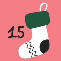 Santa's suspended sock on a pink background. Christmas advent calendar in the style of minimalism, flat lay. Day 15 vector