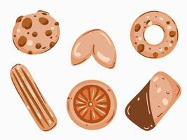 Set of cookie in cartoon style and minimalism. Almond cookies, orange cookies, fortune cookies, chocolate cookie vector