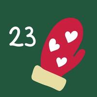 Christmas advent calendar in the style of minimalism, flat lay. Day 23 with pink mitten on green background vector