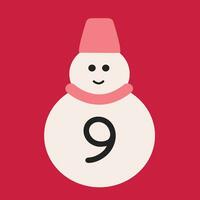 Navidad adviento calendario en el estilo de minimalismo, plano poner. día 9 9 con un monigote de nieve en un rosado antecedentes vector