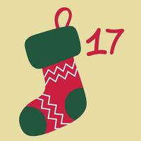 Santa's suspended sock on golden background. Christmas advent calendar in the style of minimalism, flat lay. Day 17 vector