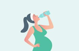 embarazada mujer Bebiendo agua botella vector ilustración. sano estilo de vida madre y madre cuidado concepto