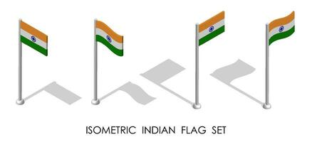 isometric flag of Republic of India in static position and in motion on flagpole. 3d vector