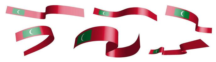 Set of holiday ribbons. Maldives flag waving in wind. Separation into lower and upper layers. Design element. Vector on white background
