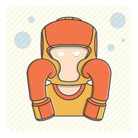 Color icon. Athlete in protective boxing helmet covers face from being hit by fists with gloves. Protective equipment of taekwondo, karate fighter. Cartoon vector