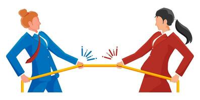 Two Businesswomen Pull of Rope. Women Tug of War and Look at Each Other. Business Target, Rivalry, Competition, Conflict. Achievement, Goal Success. Flat Vector Illustration