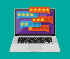 Chat clouds with golden stars on laptop screen. Reviews five stars. Testimonials, rating, feedback, survey, quality and review. Vector illustration in flat style