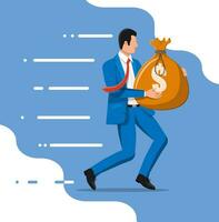 Businessman holding large bag full of money. Businessman with big heavy sack full of cash. Growth, income, savings, investment. Symbol of wealth. Business success. Flat style vector illustration.