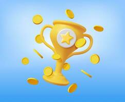 3D Golden Champion Trophy with Gold Coins. Render Money, Cup Trophy Icon. Gold Trophy for Competitions. Award, Victory, Goal, Champion Achievement, Prize, Sports Award, Success. Vector Illustration