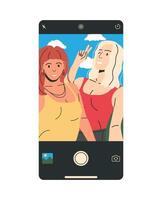 Pareja de elegante mujer tomando selfie juntos. novias o lesbiana Pareja en de moda casual ropa. muchachas utilizando teléfono inteligente a tomar autofoto elegante hembra caracteres. plano vector ilustración