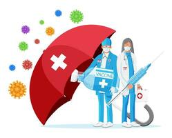 Vaccination against coronavirus. Time to vaccinate, concept. Medical syringe injection vaccination. Umbrella protect against corona virus cells, medical staff, health care. Flat vector illustration