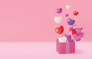 3D Red Gift Boxes with Big Heart Background. Render Giftbox Icon. Valentine Day, Birthday Card, Product Display Presentation Advertisement. Realistic Vector Illustration