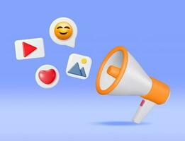 3D Megaphone with Flying Social Media Icons. Render Like, Image, Message and Video Sign and Loudspeaker. Chat, Image, Video Social Network Symbols Concept. Vector Illustration