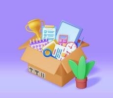 3D Cardboard Box Full of Office Stuff. Render Concept of Moving to New Office. File Folder, Document Paper, Certificate, Calculator, Calendar, Clock, Trophy, Computer and Plant. Vector illustration