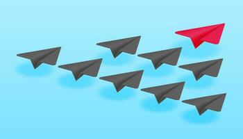 3D Red Paper Plane in Crowd of Grey Planes Isolated. Render Airplane Leadership and Success. Diversity, Uniqueness and Individuality. Concept of Difference, Motivation and Growth. Vector Illustration