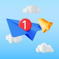 3D Paper Plane with Bell and Notification Message in Clouds. Message Notification Bubble and Airplane. New or Unread Email. Message, Contact, Letter and Document. Vector Illustration