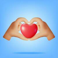 3D Heart and Love Hand Gesture Symbol Isolated. Render Stylized Cartoon Hands Holding Heart Sign. Social Media Feedback Realistic Icon. Vector Illustration