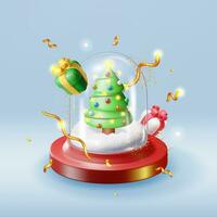 3D Glass Christmas Snow Globe with Tree Isolated. Render Spere Podium with Fir Tree. Happy New Year Decoration. Merry Christmas Holiday. New Year Xmas Celebration. Realistic Vector Illustration