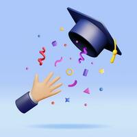 3D Hand of Graduates Throwing Graduation Hats in Air. Render Hand with Graduation Cap in Confetti. Concept of Education. College or University Ceremony. Bachelor Party. Vector Illustration