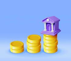 3D Bank Building and Cash Money. Render Financial House Icon. Construction with Columns in Ancient Design. Money Deposit and Withdrawal, Financial Transactions Service Banking. Vector Illustration