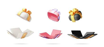 3D Set of Open Gift Box Isolated on White. Render Colorful Wrapped Box. Christmas. New, Year, Sale, Shopping. Present Box with Bows Ribbons. Giftbox Valentine, Birthday, Holiday. Vector Illustration