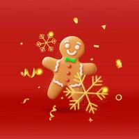 3D Holiday Gingerbread Man Cookie and Confetti. Render Cookie in Shape of Man with Colored Icing. Happy New Year Decoration. Merry Christmas Holiday. New Year Xmas Celebration. Vector illustration