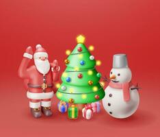 3D Santa Claus with Gift Bag, Snowman and Christmas Tree. Render Happy New Year Decoration. Merry Christmas Holiday. New Year and Xmas Celebration. Realistic Vector Illustration