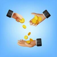 3D Hand Full of Gold Coins Isolated. Render Money in Hand. Golden Cash Coins. Growth, Income, Savings, Investment. Symbol of Wealth. Business Success. Vector illustration.