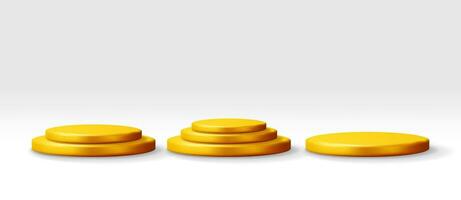 3D Gold Podium Isolated on White Background. Render Stage Mockup. Round Winners Platform. Valentine Day, Birthday Card, Product Display Presentation Advertisement. Realistic Vector Illustration