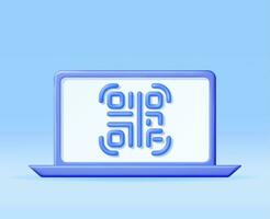 3d QR Code Icon on Computer. Render Modern QR Code Symbol. Concept of Online Shopping. Advertisement, Marketing and Promotion. Scan Code for Verification Payment or identification. Vector Illustration