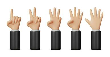3D Set of Hands Shows Fingers Isolated. Render Cartoon Hands Counting from One to Five Numbers. Hands Gesture Collection, Body Language, Emoji Icon. Vector Illustration