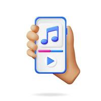 3D Hand with Music Cloud Note in Mobile Phone. Render Smartphone Streaming Music Platform Icon. Modern Music Service. Note Realistic Design. Musical Note, Sound Song or Noise Sign. Vector illustration