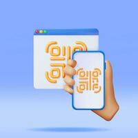 3d QR Code Icon on Smartphone in Hand. Render Modern QR Code Symbol. Online Shopping. Advertisement, Marketing and Promotion. Scan Code Verification Payment or identification. Vector Illustration