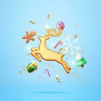 3D Deer with Golden Horns and Christmas Tree. Render Happy New Year Decoration Banner. Merry Christmas Holiday. New Year and Xmas Celebration. Realistic Vector Illustration