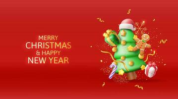 3d Navidad árbol decorado con regalo cajas, vistoso pelotas, guirnalda luces, dorado estrella. hacer abeto, hojas perennes árbol. saludo tarjeta, festivo póster, fiesta invitaciones nuevo año. vector ilustración