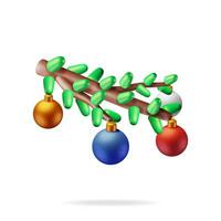 3D Christmas Tree Branches and Hanging Glass Balls. Render Glass Toy Baubles. Happy New Year Decoration. Merry Christmas Holiday. New Year and Xmas Celebration. Vector Illustration