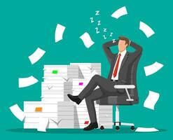 Business man character sleep in bunch of papers. Tired businessman or office worker sleeping on workplace. Stress at work. Bureaucracy, paperwork, deadline. Vector illustration in flat style