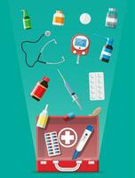 Medical first aid kit with different pills and medical devices. Medical tools, drugs, stethoscope, syringe, glucometer, thermometer. Healthcare diagnostics. Urgency emergency. Flat vector illustration