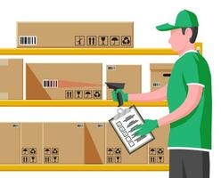 Warehouse worker scanning barcode on cardboard box. Checking bar code of container with scanner. Delivery, logistic and shipping cargo. Flat vector illustration