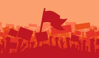 Silhouette of cheering or riot protesting crowd with flags and banners. Protest, revolution, demonstrators or conflict. Vector illustration