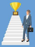 Businesswoman and gold trophy on ladder of success. Award, victory, goal, champion achievement. Business success, triumph, goal. Growth in career. Winning of competition. Flat vector illustration