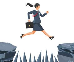 Businesswoman jumps to goal through abyss with thorns. Business woman in suit with briefcase jump between gap. Obstacle on road, financial crisis. Risk management challenge. Flat vector illustration