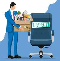 Office chair, sign vacancy. Employee with box with office goods. Hiring and recruiting. Human resources management, searching professional staff, work. Found right resume. Flat vector illustration