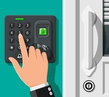 Password and fingerprint security device at office or home door. Access control machine or time the attendance. Proximity card reader. Vector illustration in flat style